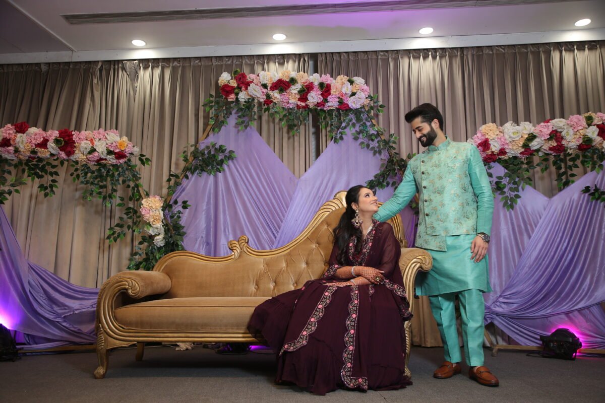 Couple mehndi shoot with elegant wedding stage decoration and romantic portraits – Delhi NCR