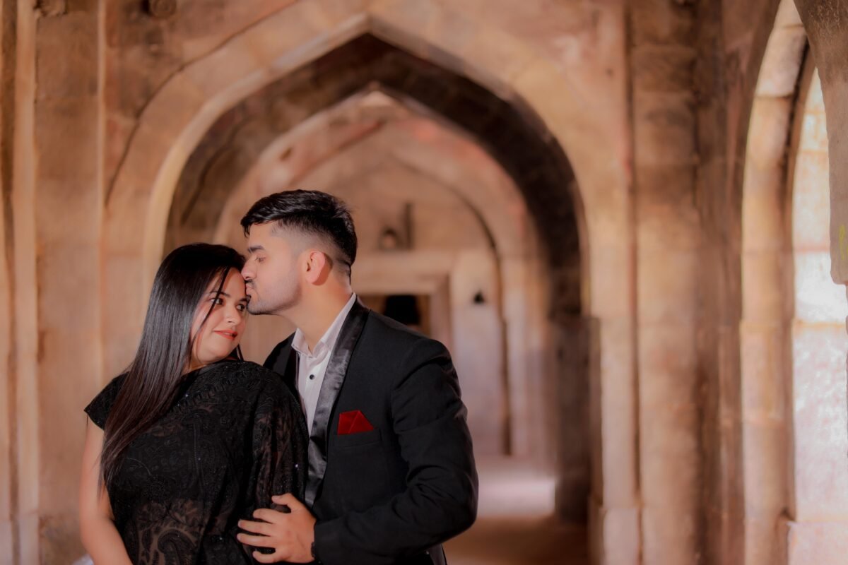 Romantic pre wedding portrait with heritage architecture background