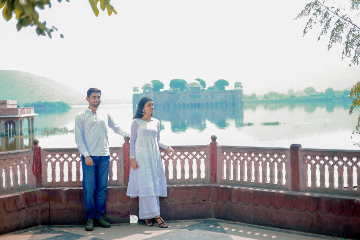 Jaipur pre wedding photography near lake with stylish couple poses