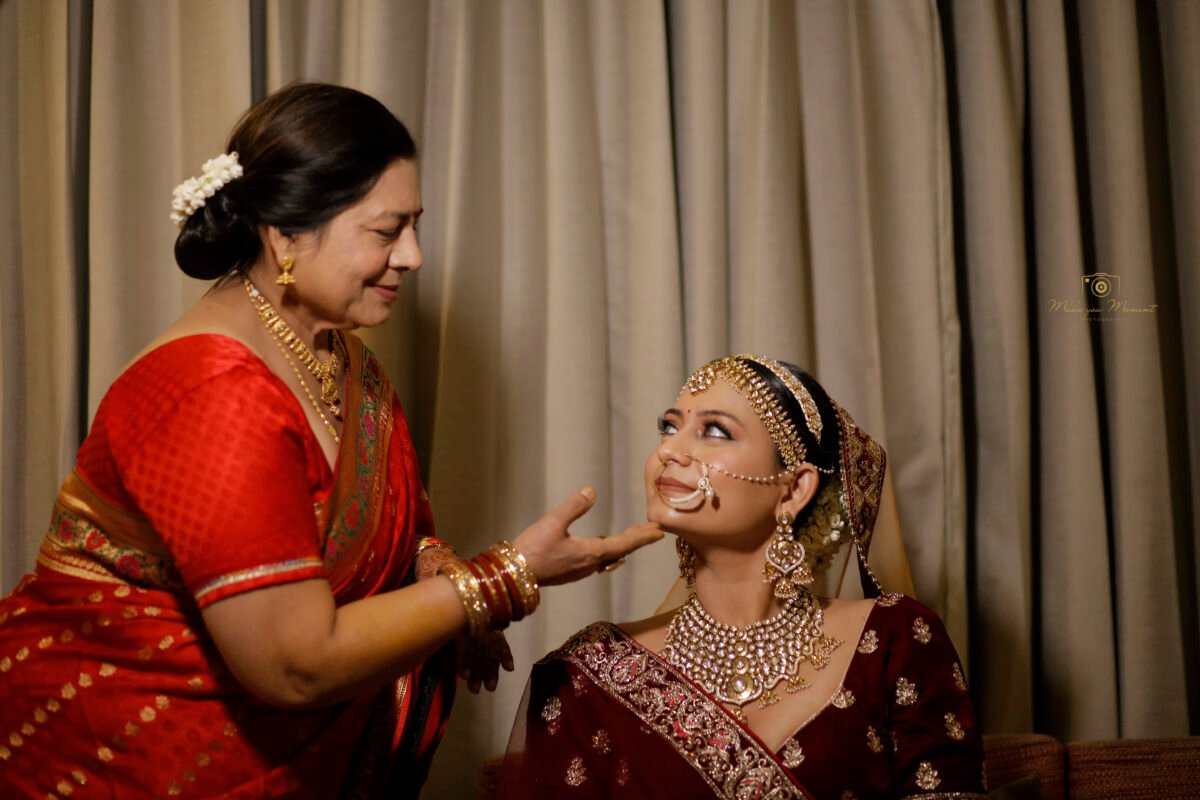 Bride getting ready with family wedding preparation