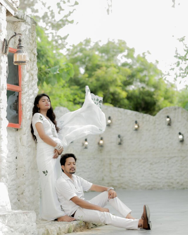 Outdoor pre wedding photography with romantic couple poses and elegant white outfit theme – Delhi NCR