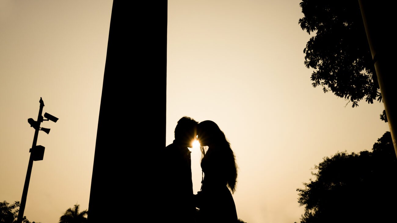 Elegant silhouette pre wedding photography with romantic couple pose