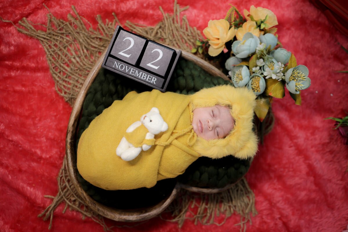 newborn baby photoshoot with flowers props creative setup