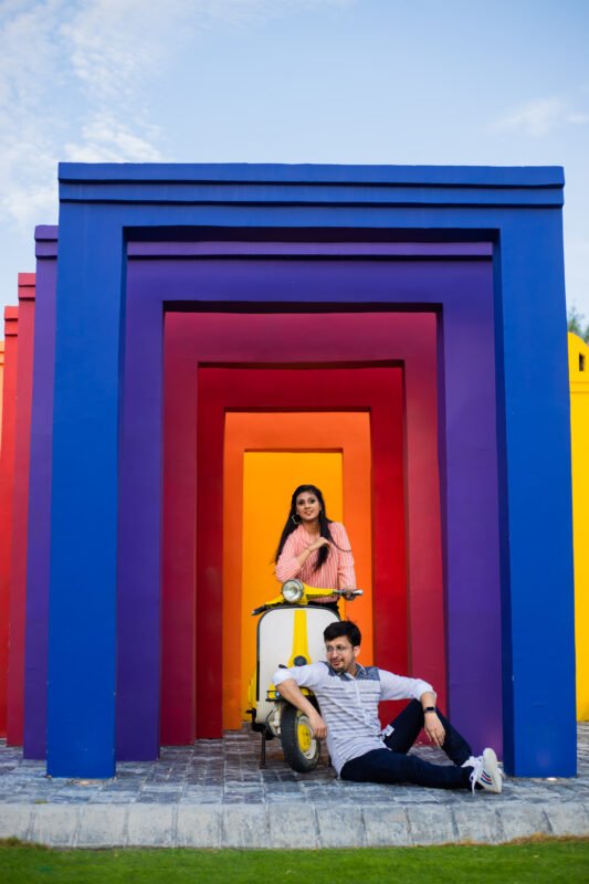 Romantic pre wedding shoot couple in Delhi NCR garden location