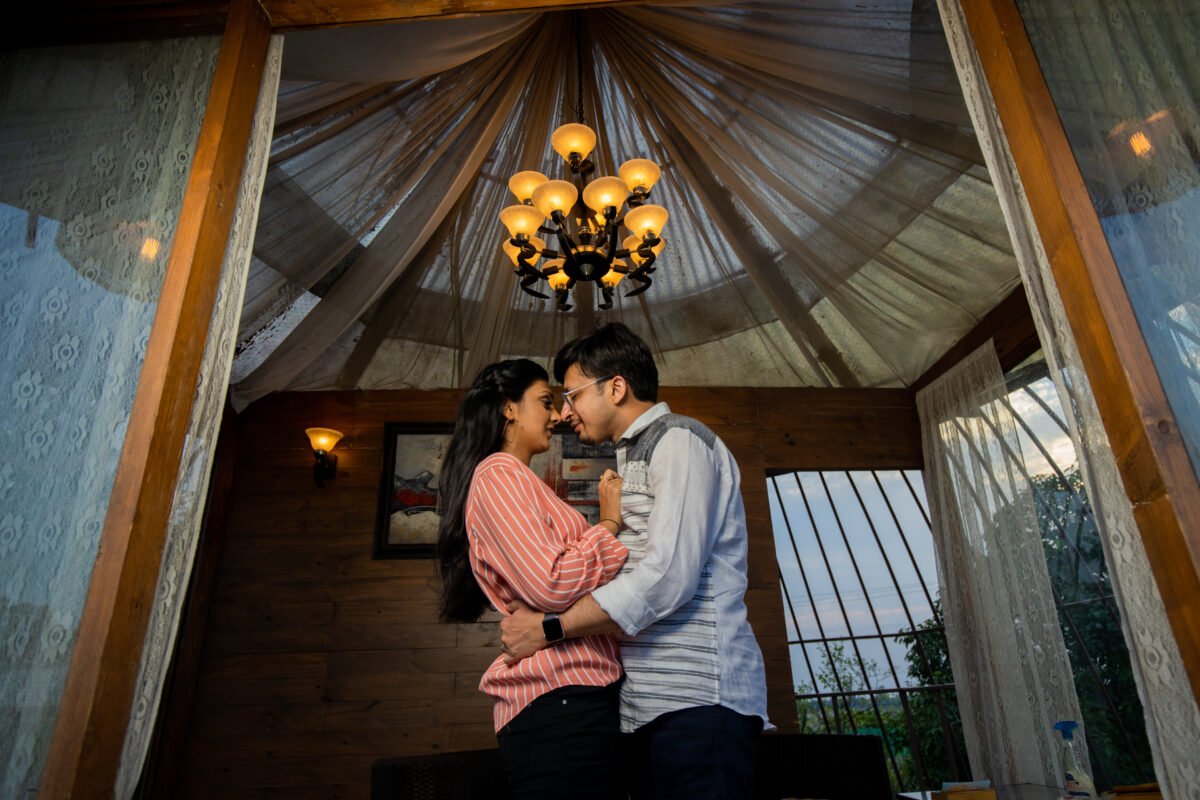 Romantic pre wedding shoot couple in Delhi NCR garden location