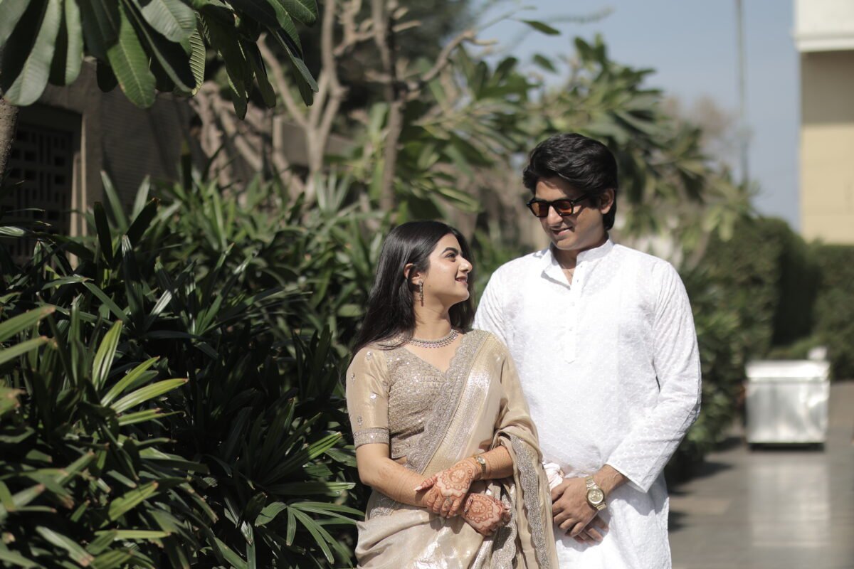 elegant engagement couple outdoor photoshoot natural pose Delhi NCR