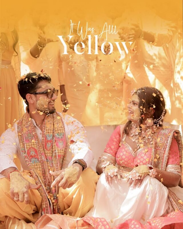 Bride and groom haldi ceremony candid moment with yellow theme