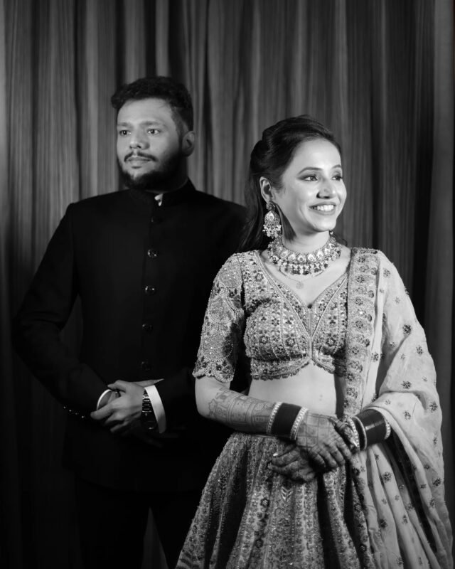A classic black and white edit that brings out the textures and emotions of the couple's portrait.