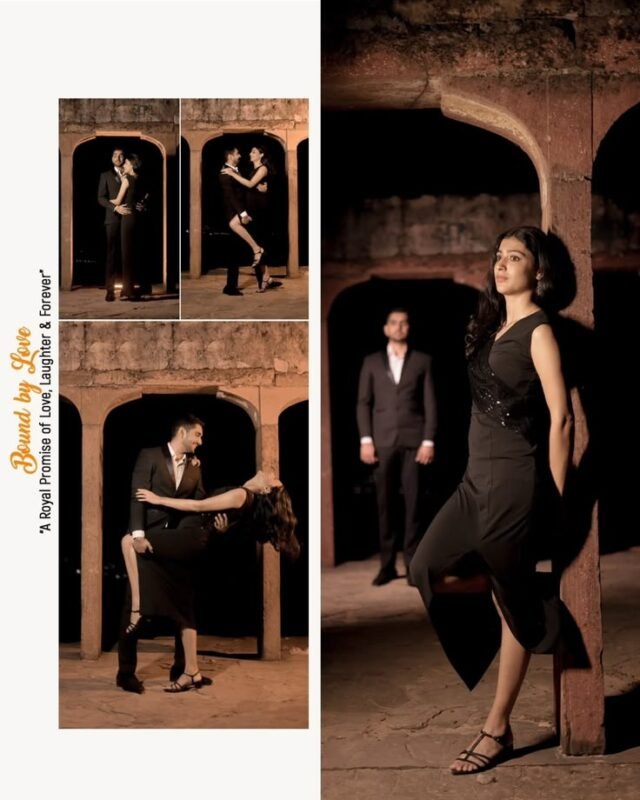 Romantic pre wedding couple collage photography with cinematic portraits and elegant poses