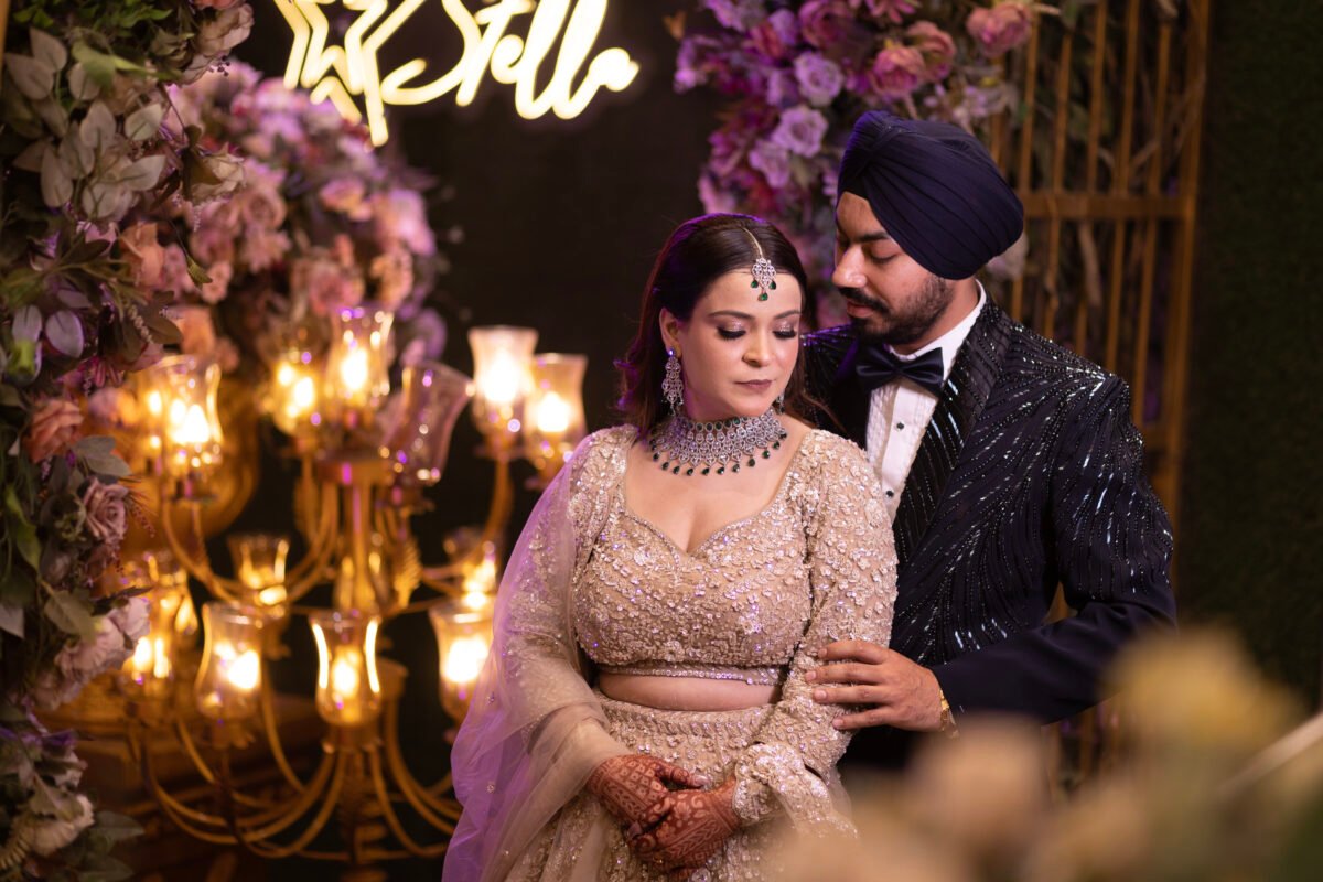Romantic engagement couple portrait at ceremony stage