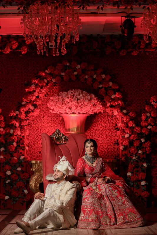Romantic bride and groom wedding portrait at night