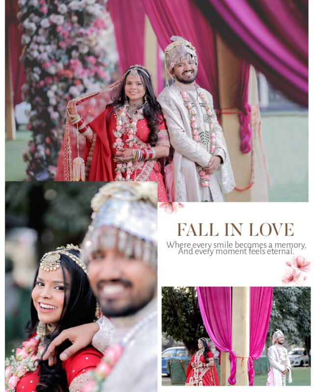 Indian bride and groom wedding photography collage with candid moments.