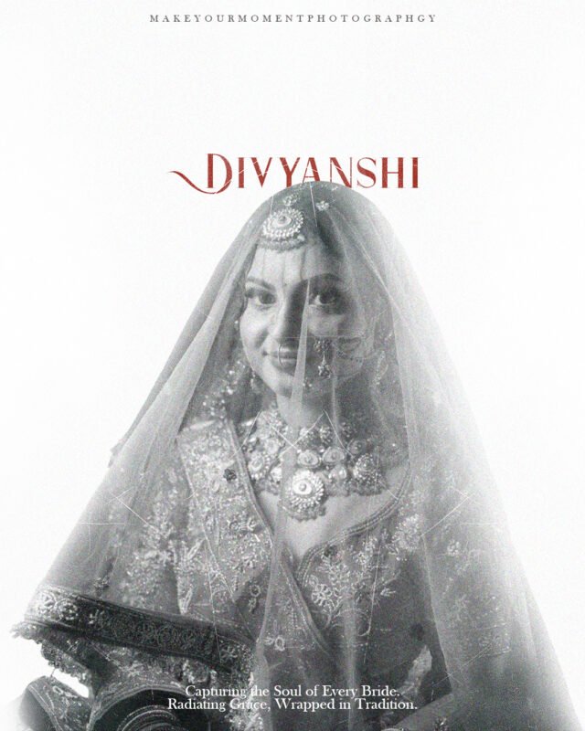 Black and white bridal portrait of an Indian bride with veil in Delhi NCR by Make Your Moment Photography