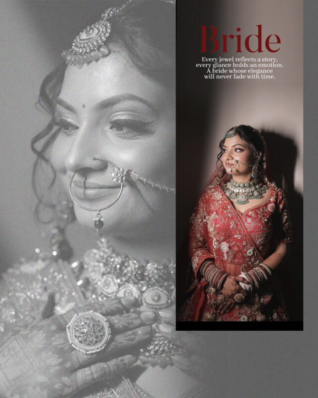 Luxury bridal portrait collage featuring black and white and color wedding photography in Delhi NCR