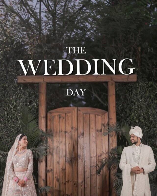 Bride and groom standing at wedding entrance.