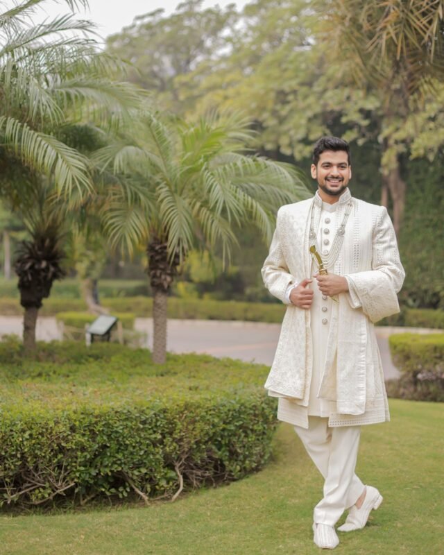 Stylish Indian groom in traditional sherwani.